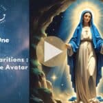 Radiant Virgin Mary in a glowing light, representing divine ascension, with symbols of Lourdes in the background.