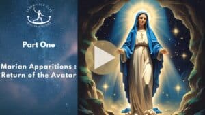 Radiant Virgin Mary in a glowing light, representing divine ascension, with symbols of Lourdes in the background.