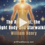 Glowing Anunnaki figure in a cosmic landscape, symbolizing the connection between the light body and ascension