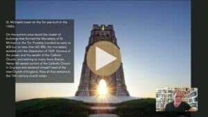 Glastonbury Tor with St. Michael’s Tower surrounded by glowing spiritual light