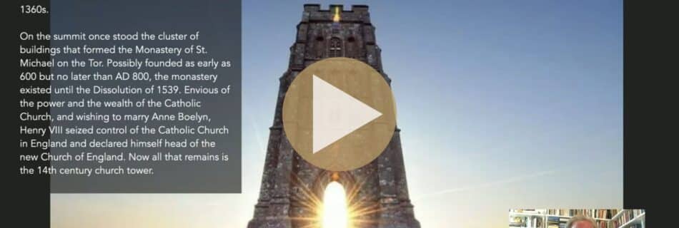 Glastonbury Tor with St. Michael’s Tower surrounded by glowing spiritual light