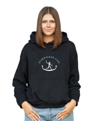 Starwalker Cafe black hoodie with white logo on chest