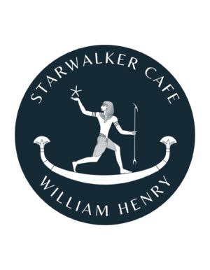 Starwalker Cafe circular car magnet with white logo on dark azure background