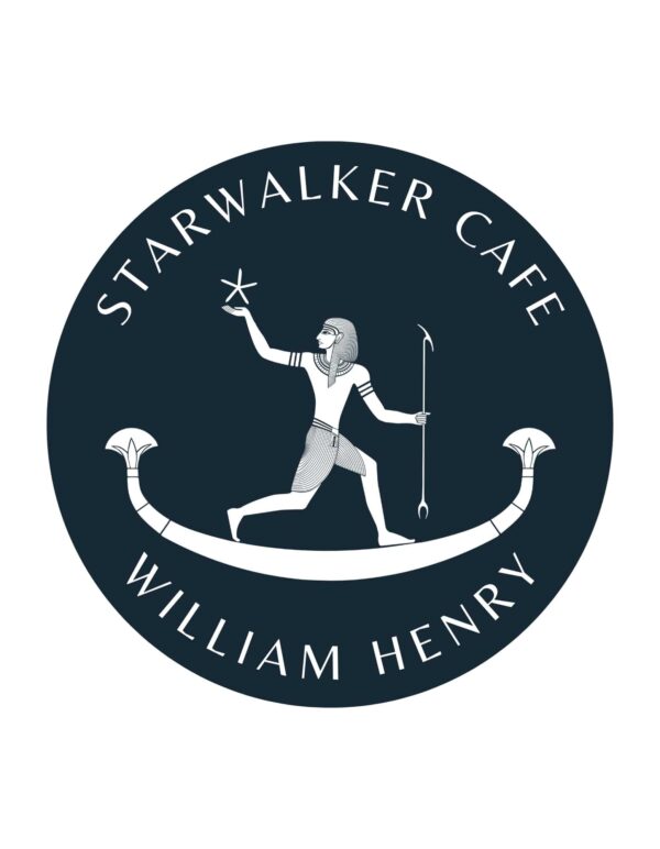 Starwalker Cafe circular car magnet with white logo on dark azure background