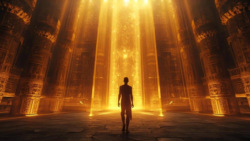 Futuristic ancient Egyptian temple glowing with golden light and cosmic energy beams
